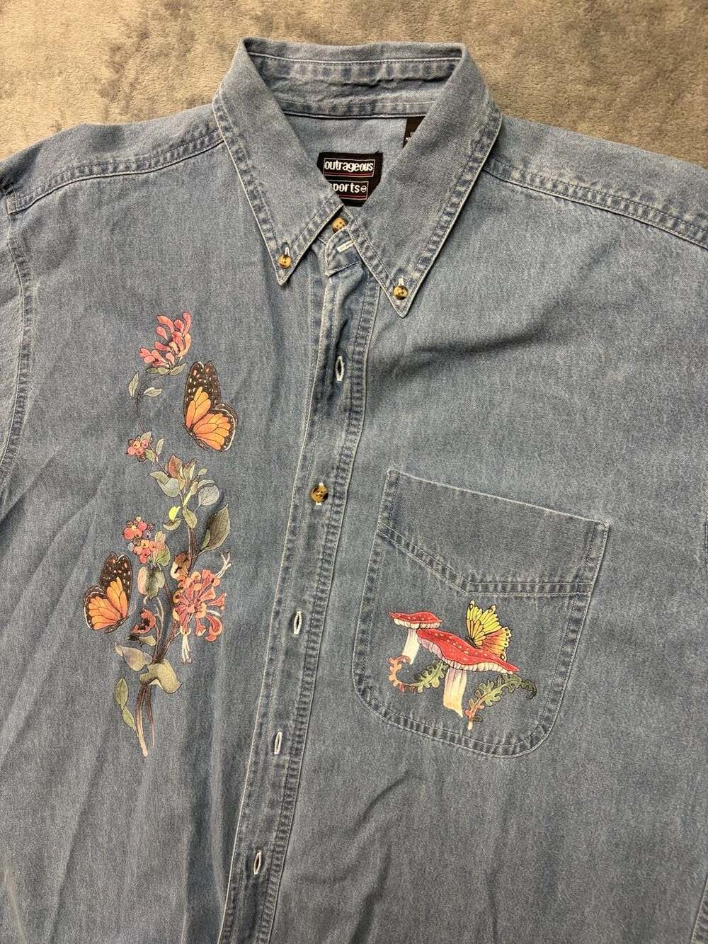 Cottagecore vnt Outrageous Sport DenimShirt with Butterfly, Flower, and Mushroom